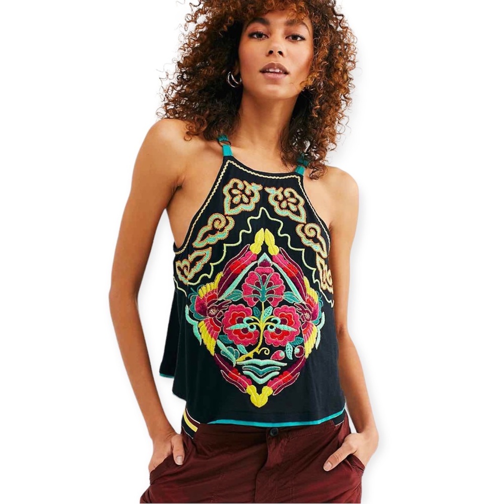 Free People Black Embroidered Halter Tank with Multicolor Motif
